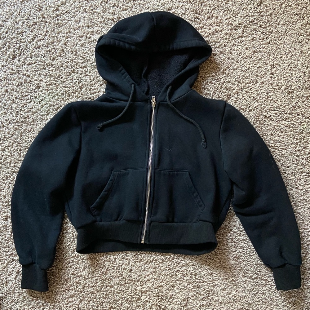 Black Cropped Zip Up Hoodie